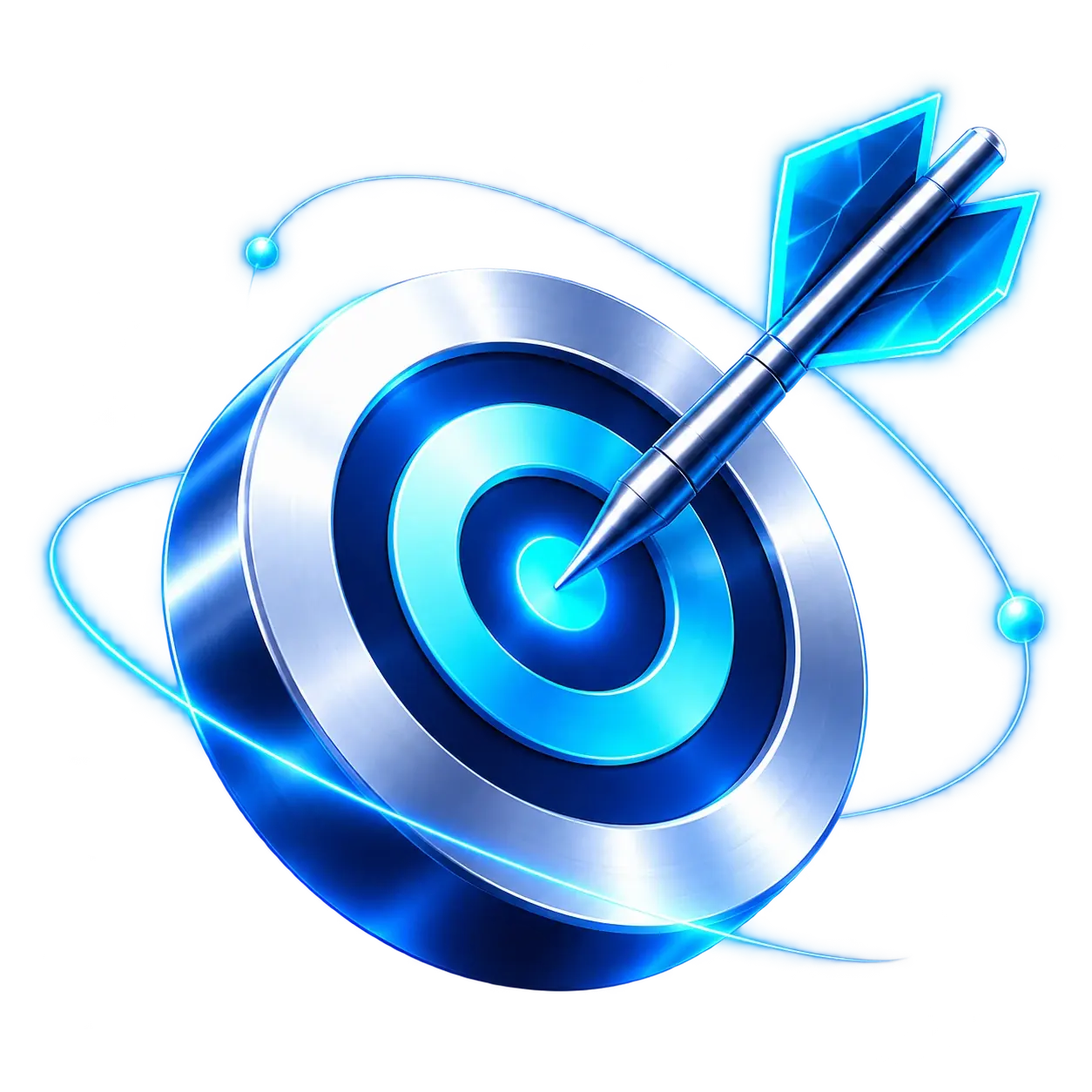 A polished silver target with a cyan dart hitting its glowing center
