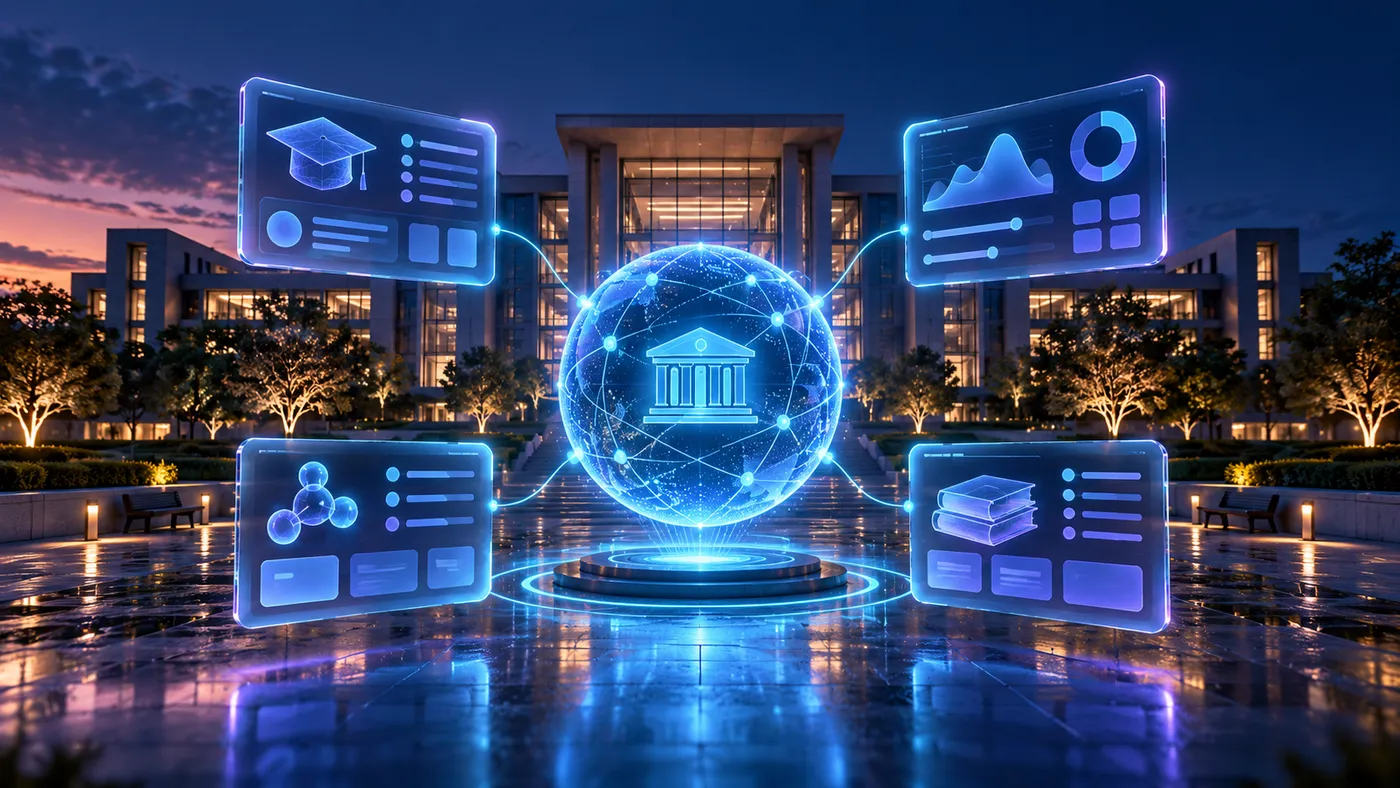 حرم جامعي عند الغسق مع مركز متوهج مرتبط بأربع شاشات عائمة